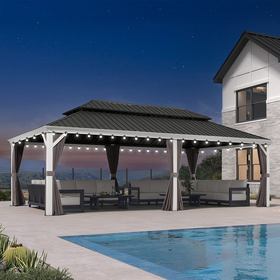 PURPLE LEAF White Gazebo for Modern Patio Double Galvanized Steel Roof Awning and Upgrade Curtain with Lights-milky