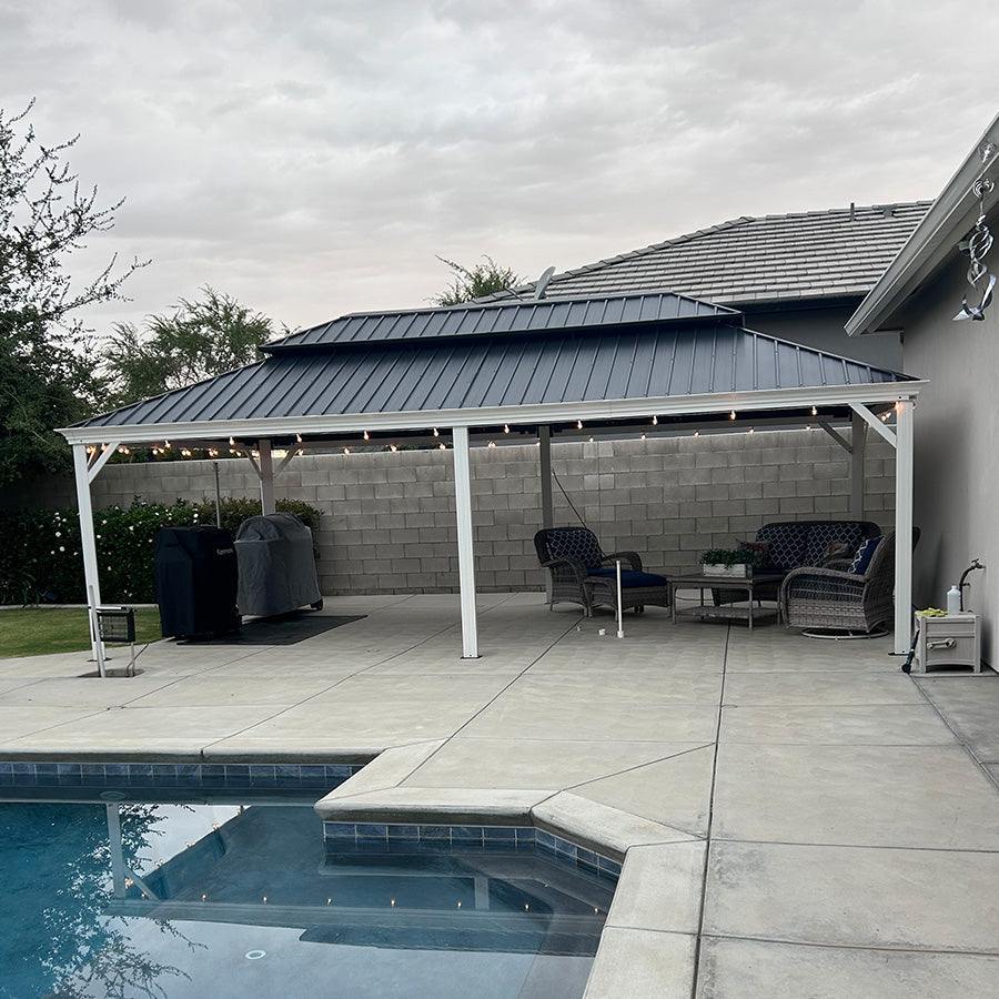 PURPLE LEAF White Gazebo for Modern Patio Double Galvanized Steel Roof Awning and Upgrade Curtain with Lights-milky