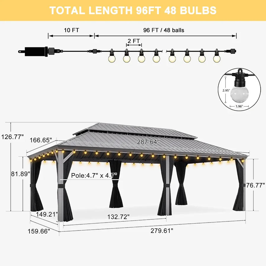 PURPLE LEAF Patio Gazebo for Pool Light Grey Hardtop Galvanized Steel Roof with String Lights-clear