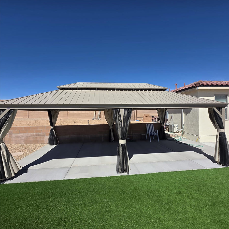 PURPLE LEAF Backyard Gazebo Champagne Hardtop Galvanized Steel Roof Awning and Upgrade Curtain