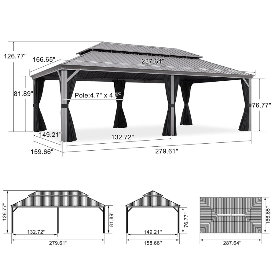 PURPLE LEAF Patio Gazebo for Pool Light Grey Hardtop Galvanized Steel Roof with Reinforcement Support Rod