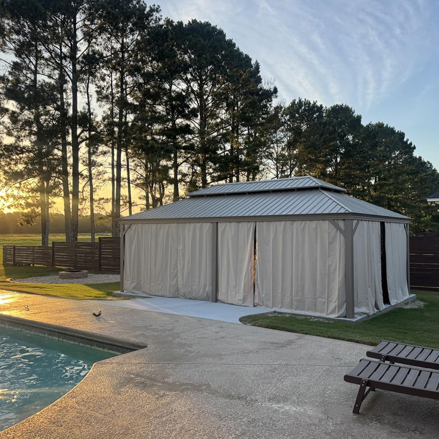 PURPLE LEAF Backyard Gazebo Champagne Hardtop Galvanized Steel Roof Awning and Upgrade Curtain with Lights-milky