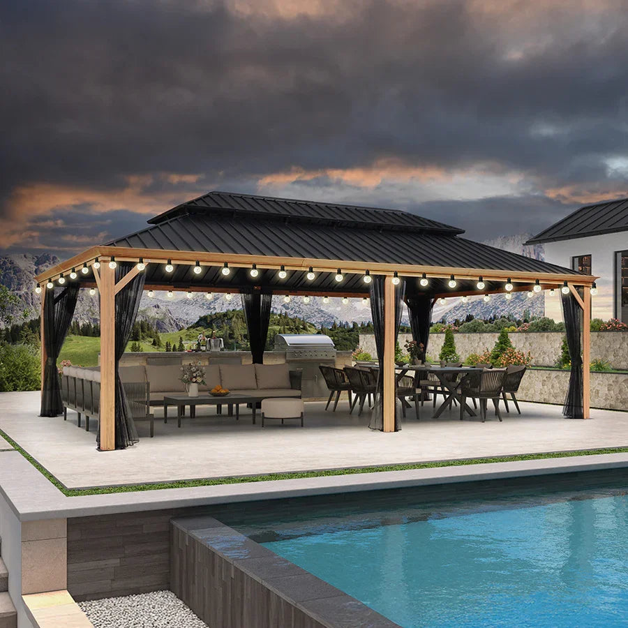 PURPLE LEAF – Pavillon à toit rigide pour terrasse, structure en aluminium effet bois avec guirlande lumineuse – clear