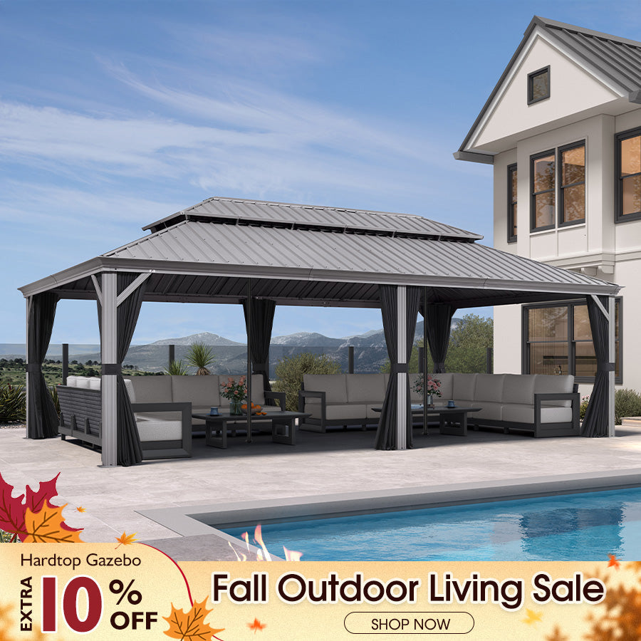 PURPLE LEAF Patio Gazebo for Pool Light Grey Hardtop Galvanized Steel Roof with Reinforcement Support Rod