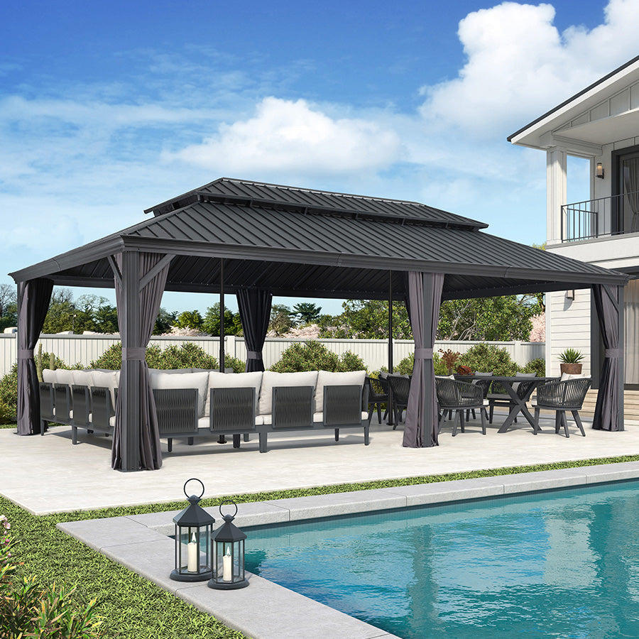 PURPLE LEAF Patio Gazebo for Backyard Grey Hardtop Galvanized Steel Roof Awning with Reinforcement Support Rod