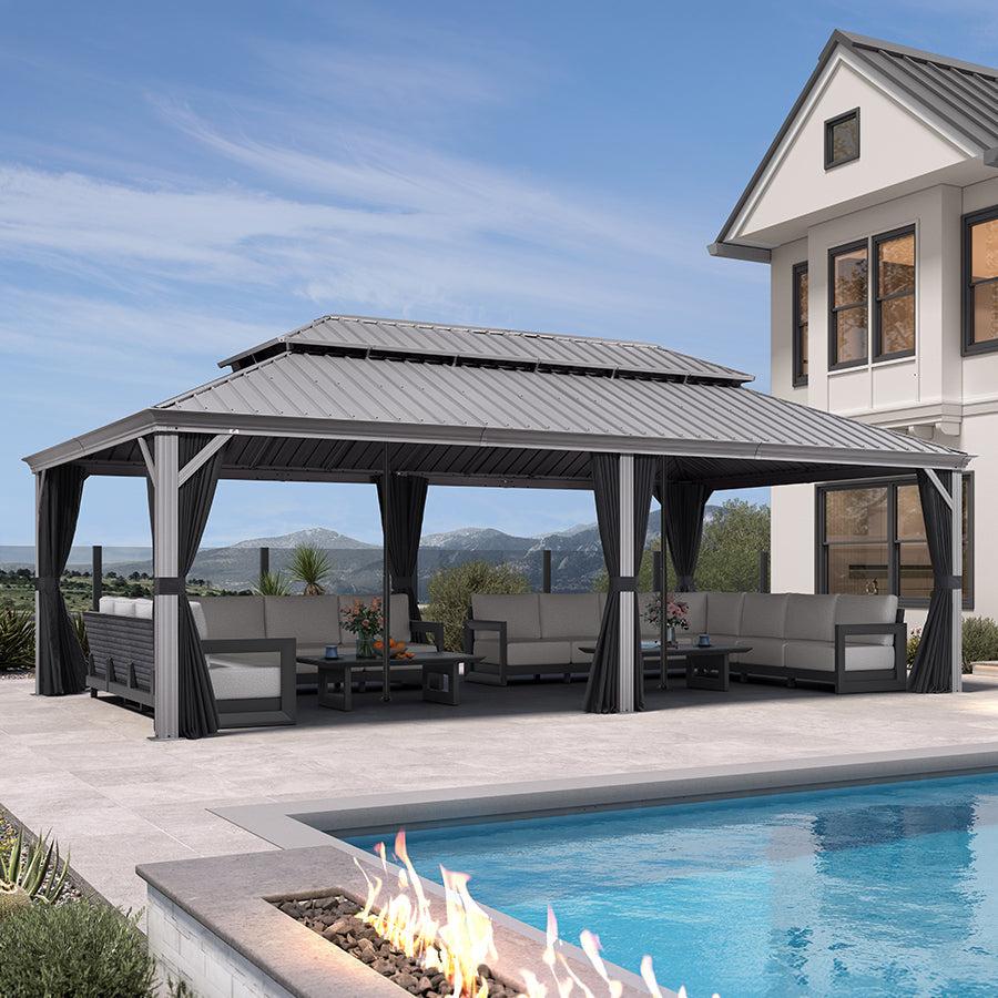 PURPLE LEAF Patio Gazebo for Pool Light Grey Hardtop Galvanized Steel Roof with Reinforcement Support Rod