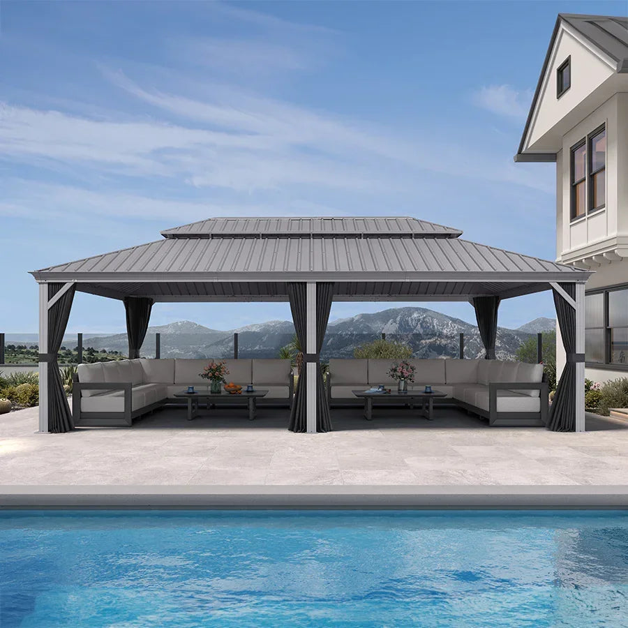 PURPLE LEAF Patio Gazebo for Pool Light Grey Hardtop Galvanized Steel Roof with String Lights-milky