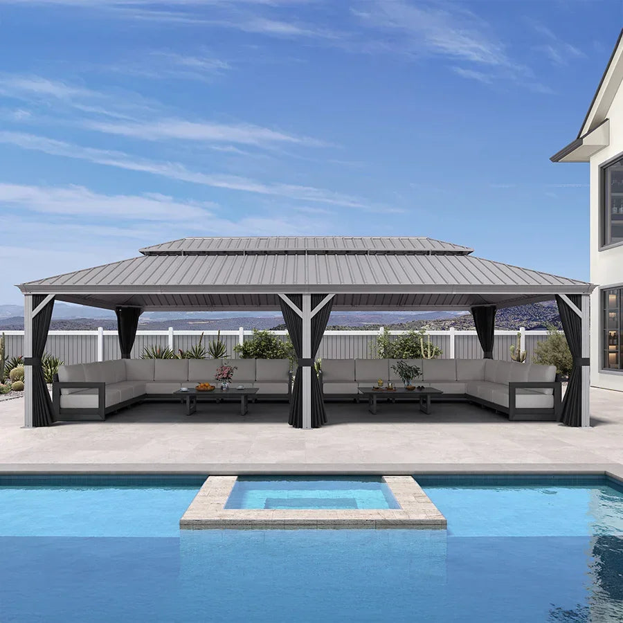 PURPLE LEAF Patio Gazebo for Pool Light Grey Hardtop Galvanized Steel Roof with Upgraded Curtains