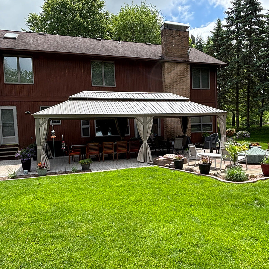 PURPLE LEAF Backyard Gazebo Champagne Hardtop Galvanized Steel Roof Awning and Upgrade Curtain with Lights-clear