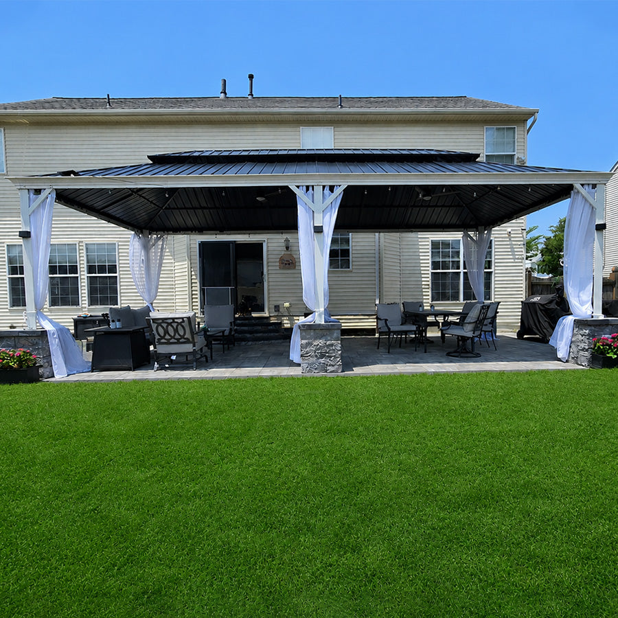 PURPLE LEAF White Gazebo for Modern Patio Double Galvanized Steel Roof Awning and Upgrade Curtain with Lights-milky