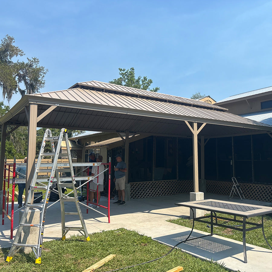 PURPLE LEAF Backyard Gazebo Champagne Hardtop Galvanized Steel Roof Awning and Upgrade Curtain with Lights-clear