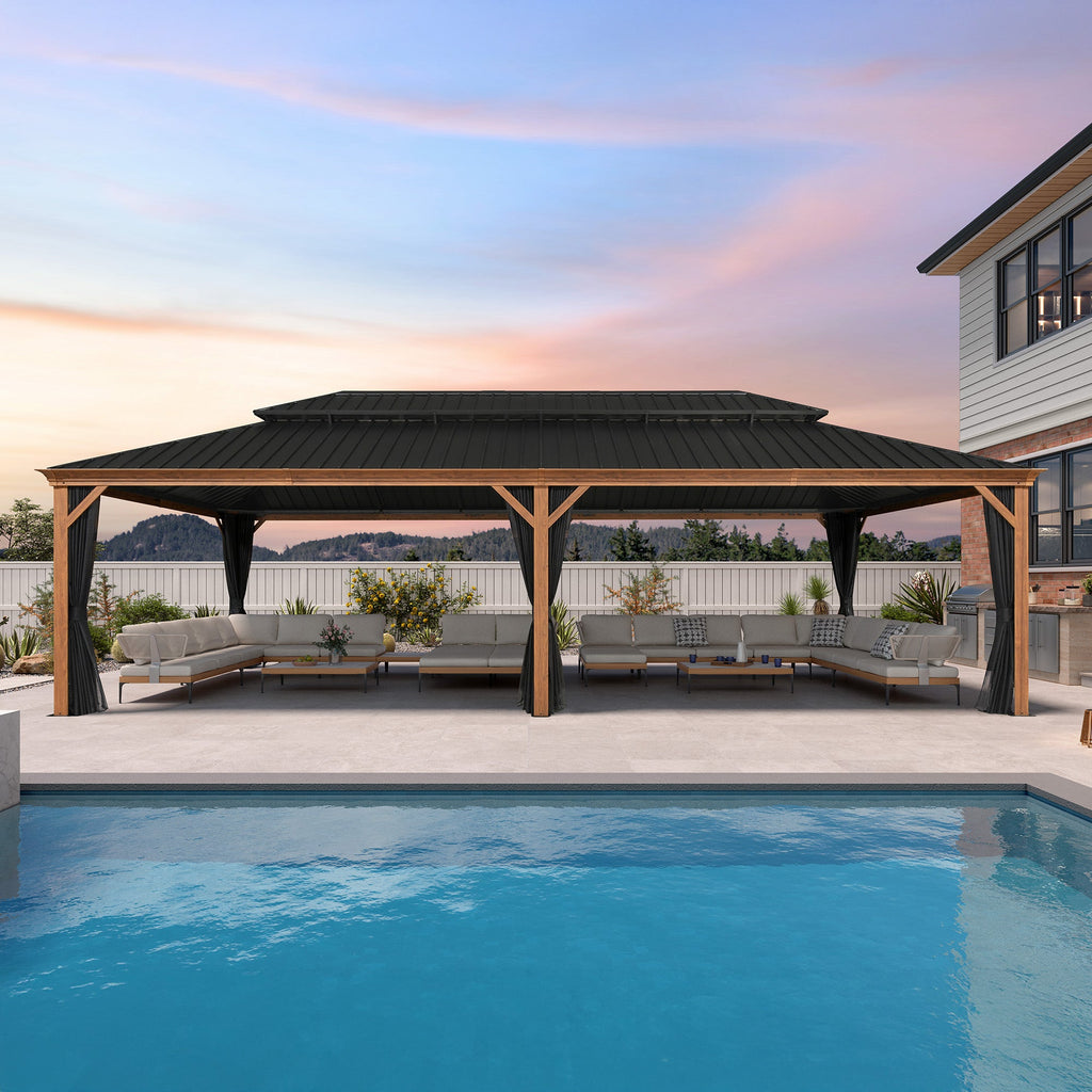 PURPLE LEAF Hardtop Gazebo for Patio Wood Grain Aluminum Frame Awning with Netting