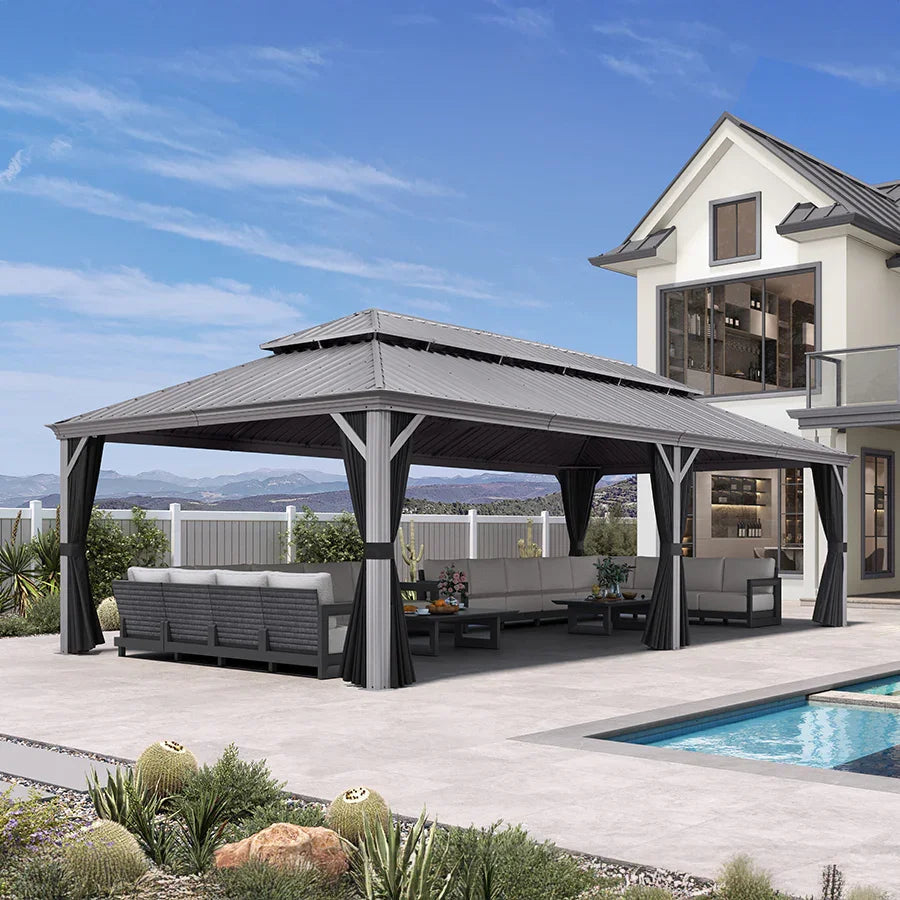 PURPLE LEAF Patio Gazebo for Pool Light Grey Hardtop Galvanized Steel Roof with Upgraded Curtains
