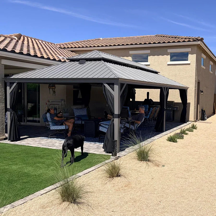 PURPLE LEAF Patio Gazebo for Pool Light Grey Hardtop Galvanized Steel Roof with Upgraded Curtains
