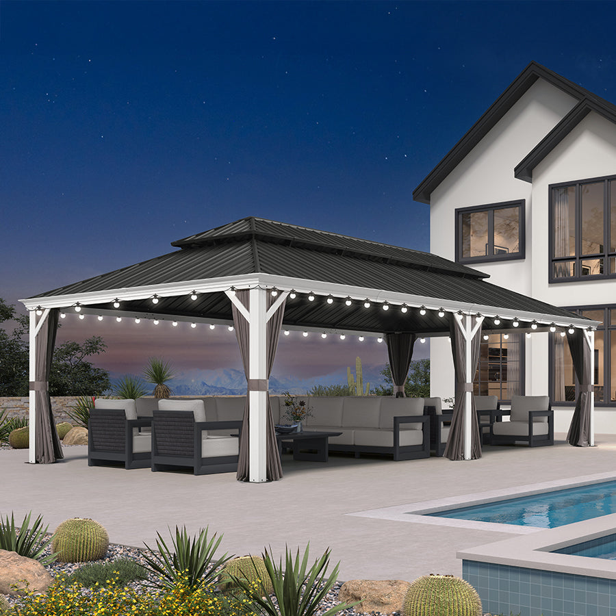PURPLE LEAF White Gazebo for Modern Patio Double Galvanized Steel Roof Awning and Upgrade Curtain with Lights-milky
