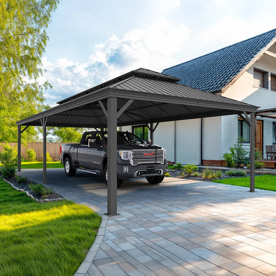 PURPLE LEAF Outdoor Metal Carport with Grey Steel Roof and Aluminum Frame Protective Shelter
