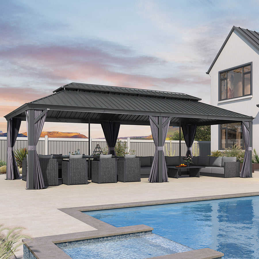 PURPLE LEAF Patio Gazebo for Backyard Grey Hardtop Galvanized Steel Roof Awning with Reinforcement Support Rod