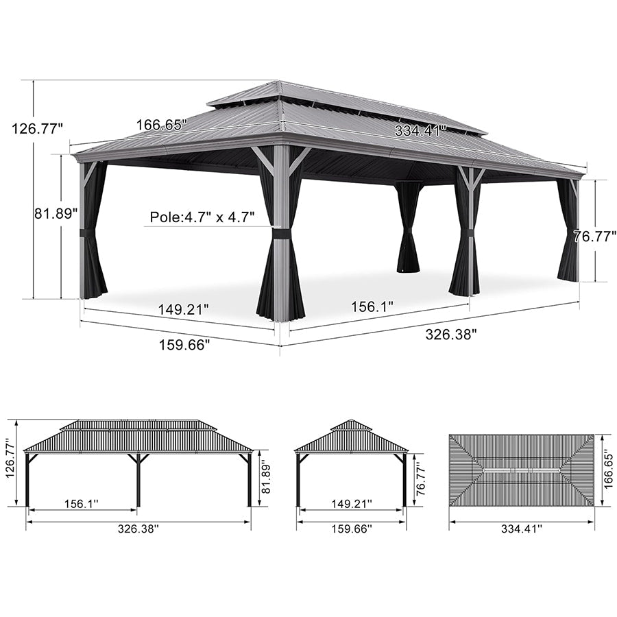 PURPLE LEAF Patio Gazebo for Pool Light Grey Hardtop Galvanized Steel Roof with Reinforcement Support Rod