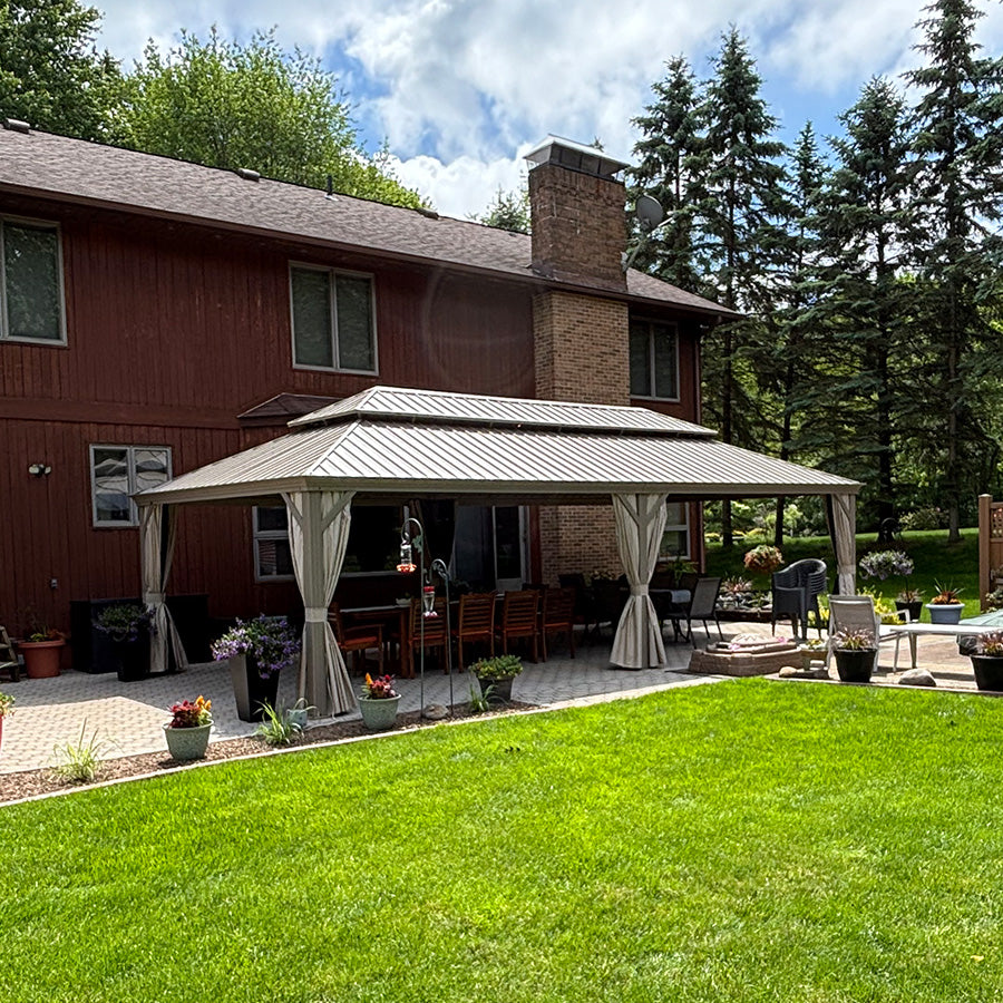 PURPLE LEAF Backyard Gazebo Champagne Hardtop Galvanized Steel Roof Awning and Upgrade Curtain with Lights-clear