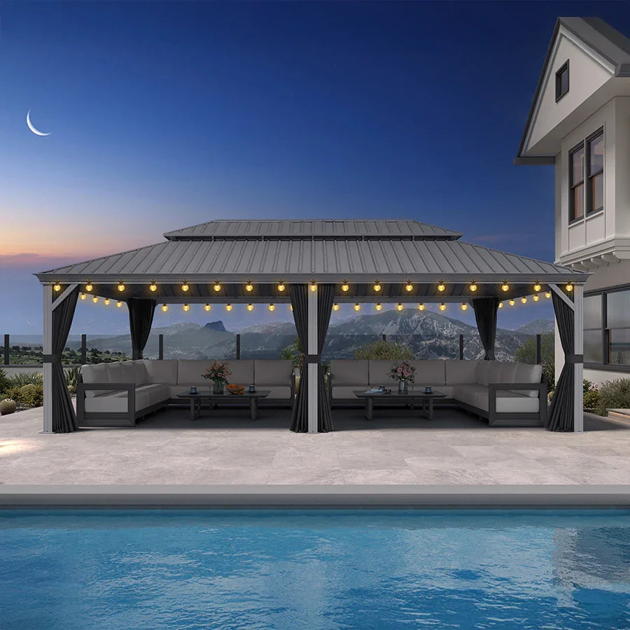 PURPLE LEAF Patio Gazebo for Pool Light Grey Hardtop Galvanized Steel Roof with String Lights-clear