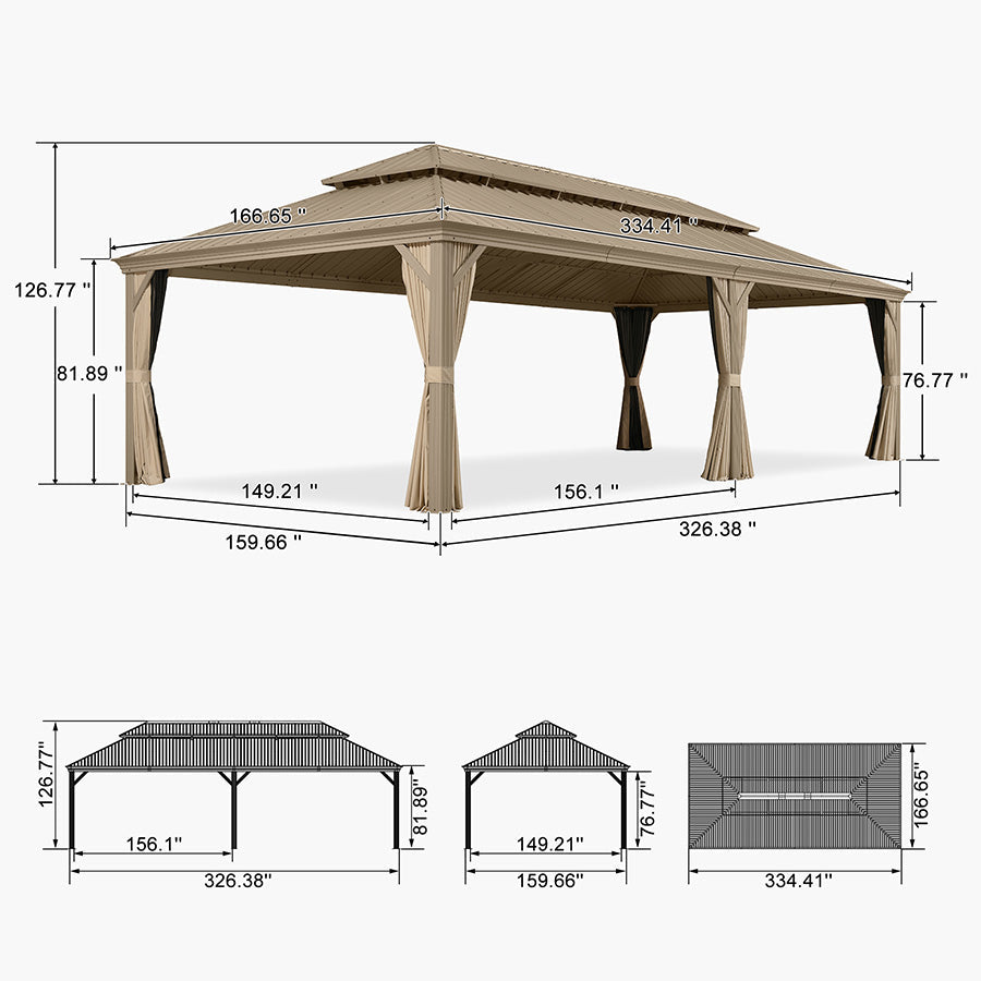 PURPLE LEAF Backyard Gazebo Champagne Hardtop Galvanized Steel Roof Awning and Upgrade Curtain with Lights-clear