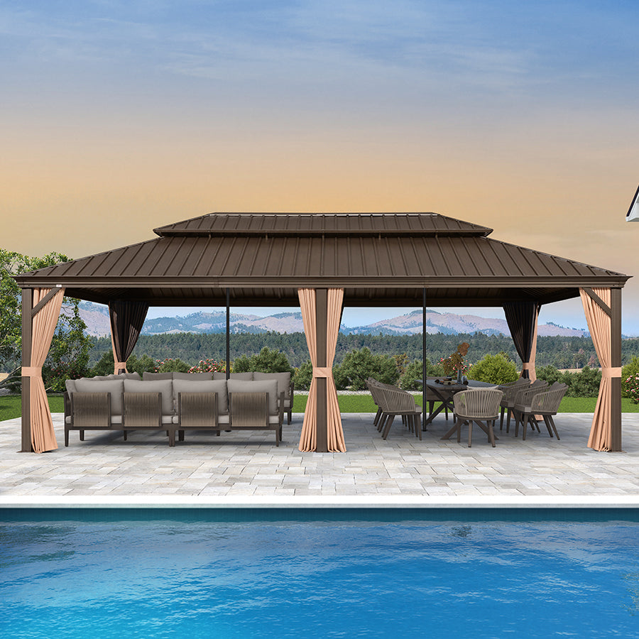 PURPLE LEAF Outdoor Hardtop Gazebo for Garden Bronze Double Roof Aluminum Frame Pavilion with Reinforcement Support Rod