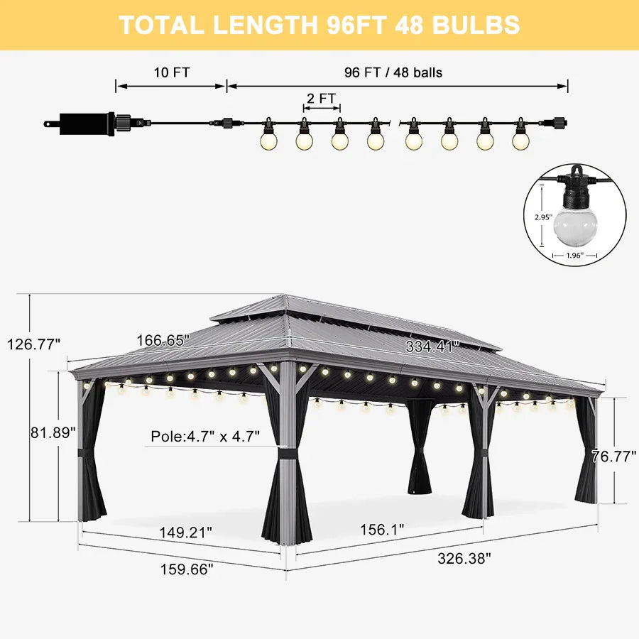 PURPLE LEAF Patio Gazebo for Pool Light Grey Hardtop Galvanized Steel Roof with String Lights-clear