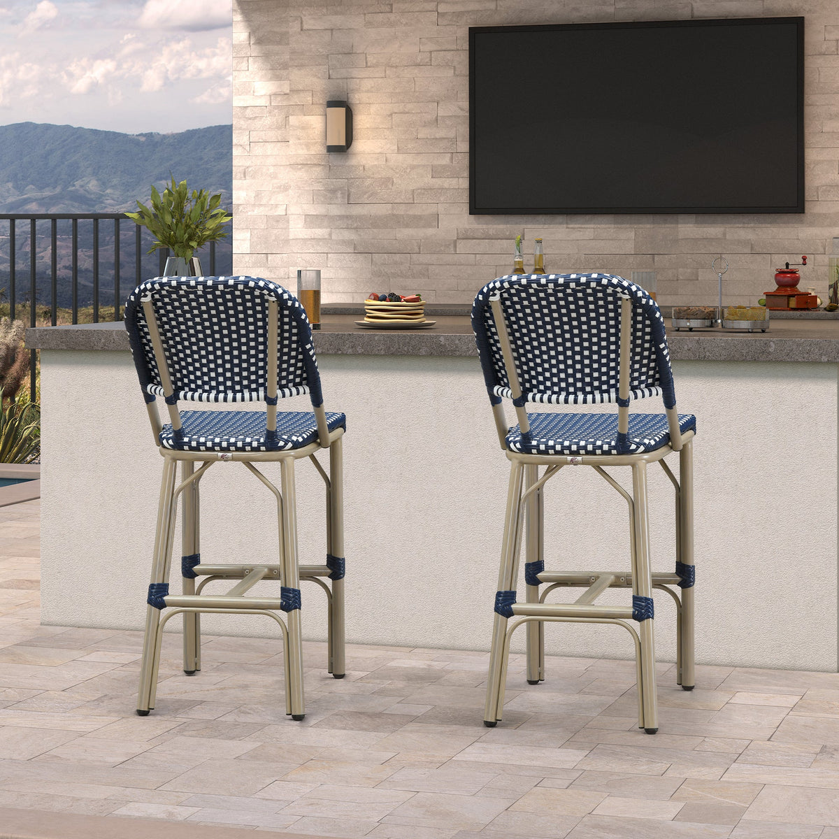 PURPLE LEAF Outdoor Bar Height Stools Set of 2 French Country Patio Rattan Bar Stool Chairs Outdoor Armless Barstools for Porch Garden Indoor Kitchen