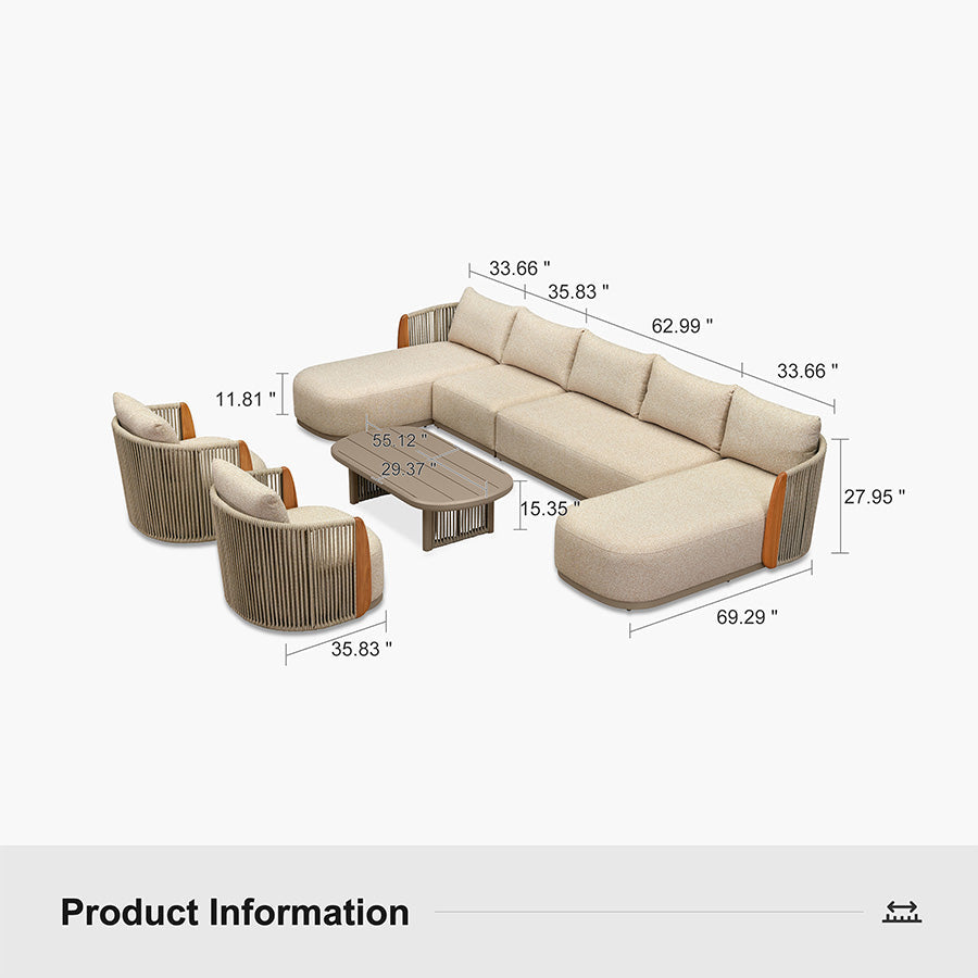 PURPLE LEAF Hailar U-Shaped Patio Conversation Set with Genuine Teak Cushions and Pillows Olefin Rope Backrest Outdoor Couch Sets for Porch Garden