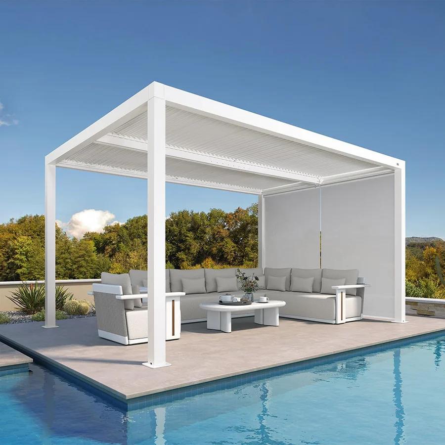 PURPLE LEAF Athena Louvered Pergola White Outdoor Aluminum Pergola with Solid Color Roller Blind Adjustable Gazebo for Patio Deck Garden