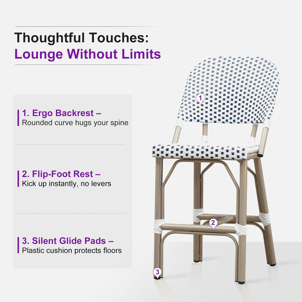 PURPLE LEAF Outdoor Bar Height Stools Set of 2 French Country Patio Rattan Bar Stool Chairs Outdoor Armless Barstools for Porch Garden Indoor Kitchen