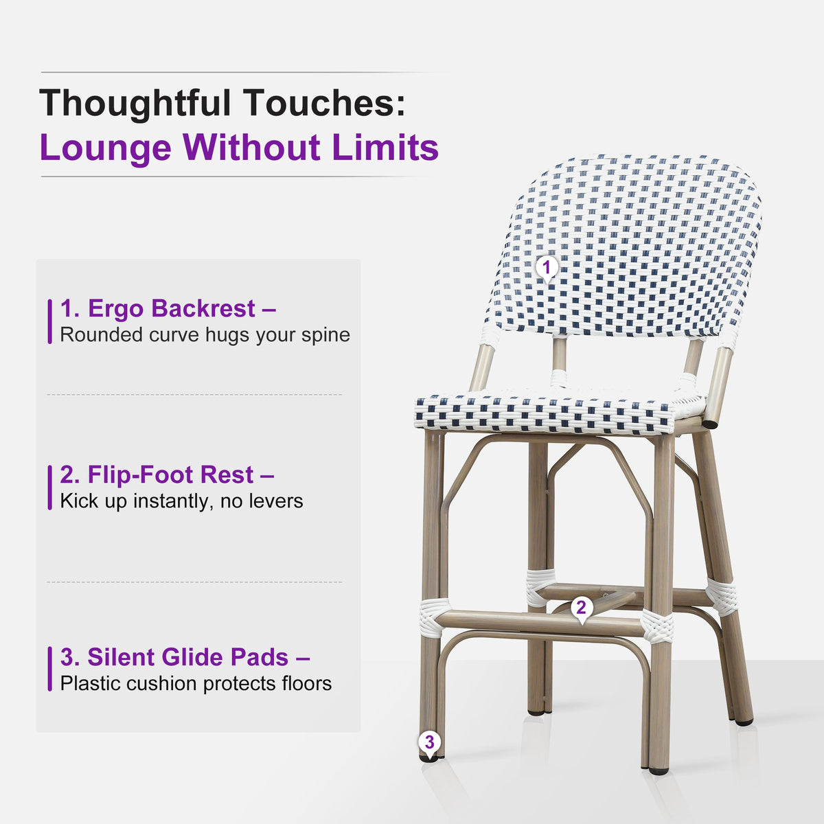 PURPLE LEAF Outdoor Bar Height Stools Set of 2 French Country Patio Rattan Bar Stool Chairs Outdoor Armless Barstools for Porch Garden Indoor Kitchen