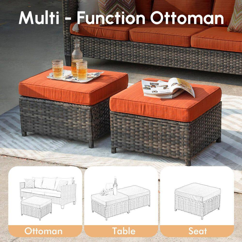 Milan Gray 8-Piece Wicker Outdoor Patio Rectangular Fire Pit Seating Sofa Set and with Orange Red Cushions