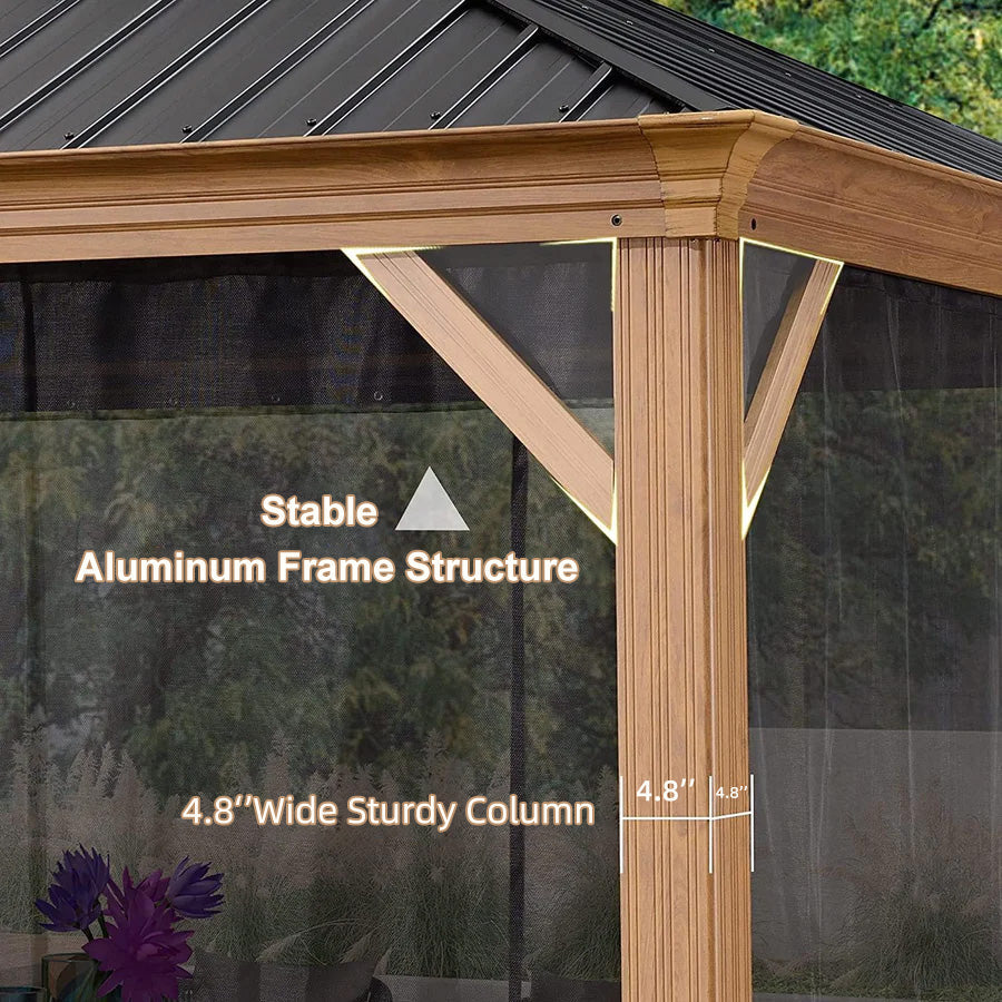 PURPLE LEAF Hardtop Gazebo for Patio Wood Grain Aluminum Frame Awning with String Lights-milky