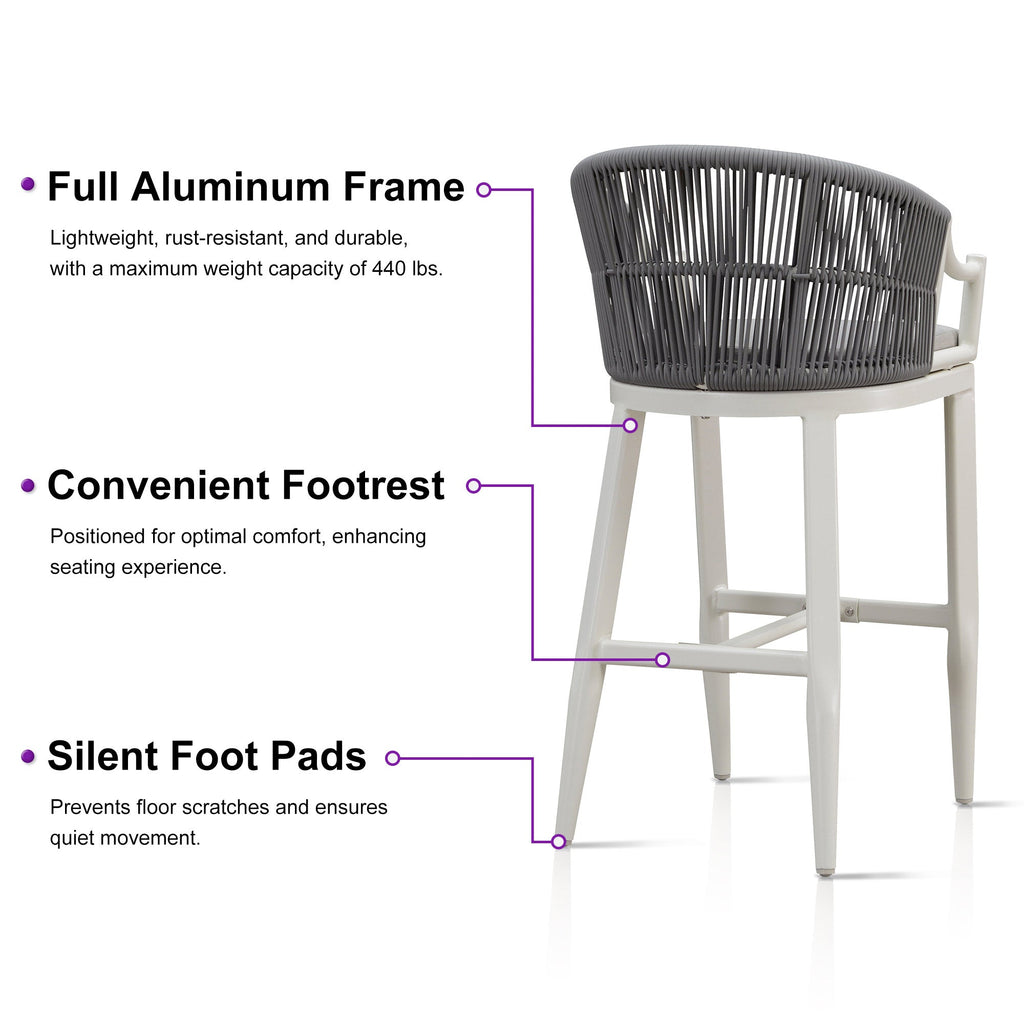 PURPLE LEAF Patio Bar Stools Set of 2 Outdoor Wicker Modern High Bar Chairs Metal Cushioned Barstools with Backs and Ergonomic Armrest