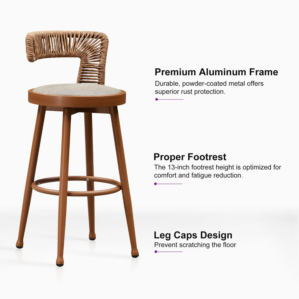 PURPLE LEAF Outdoor Swivel Bar Stools Set of 2 Metal Modern Rattan Bar Chairs with Backrest Aluminum Woven Barstools with Cushions