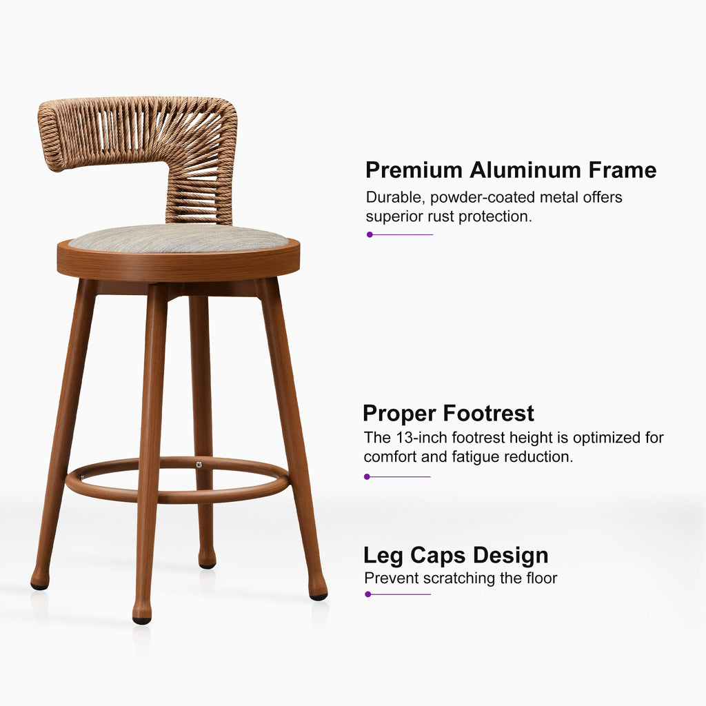 PURPLE LEAF Outdoor Swivel Bar Stools Set of 2 Metal Modern Rattan Bar Chairs with Backrest Aluminum Woven Barstools with Cushions
