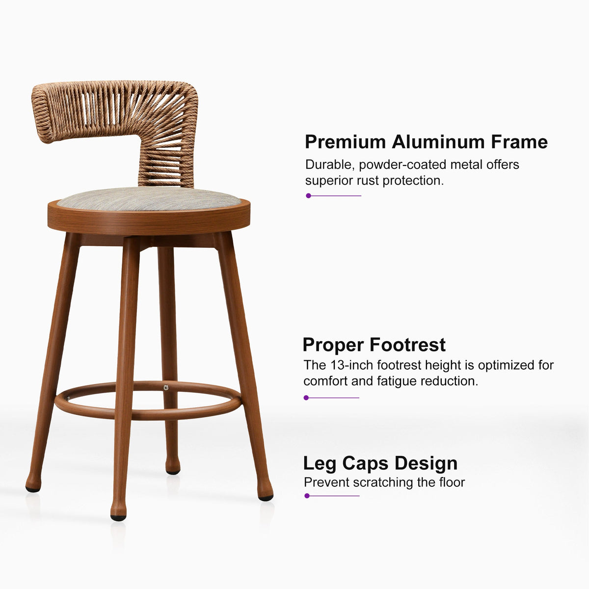 PURPLE LEAF Outdoor Swivel Bar Stools Set of 2 Metal Modern Rattan Bar Chairs with Backrest Aluminum Woven Barstools with Cushions