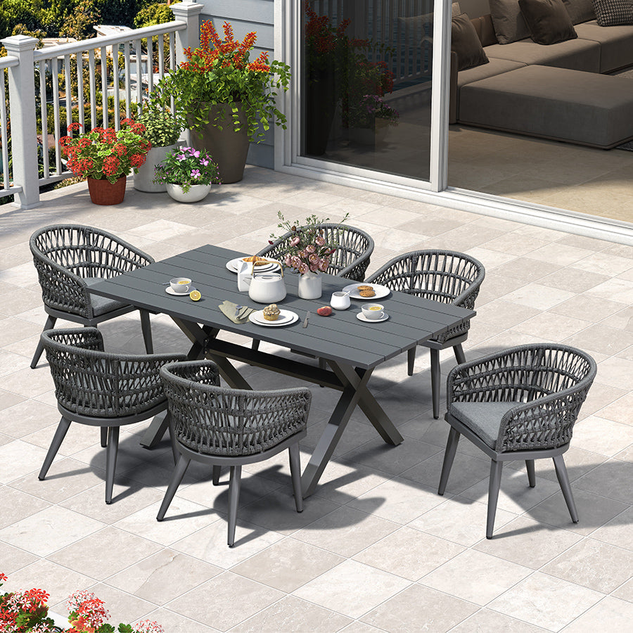 PURPLE LEAF Modern Outdoor Dining Table with 6/8/10 Seats, All-Weather Aluminum Table and Rattan Chairs with Cushions, Champagne