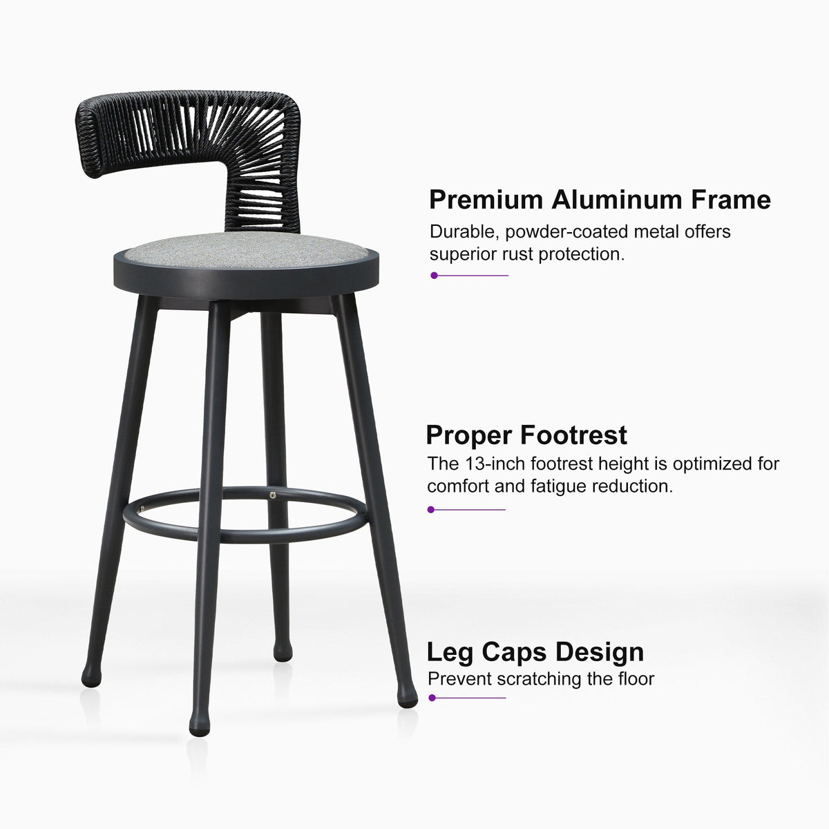 PURPLE LEAF Outdoor Swivel Bar Stools Set of 2 Metal Modern Rattan Bar Chairs with Backrest Aluminum Woven Barstools with Cushions