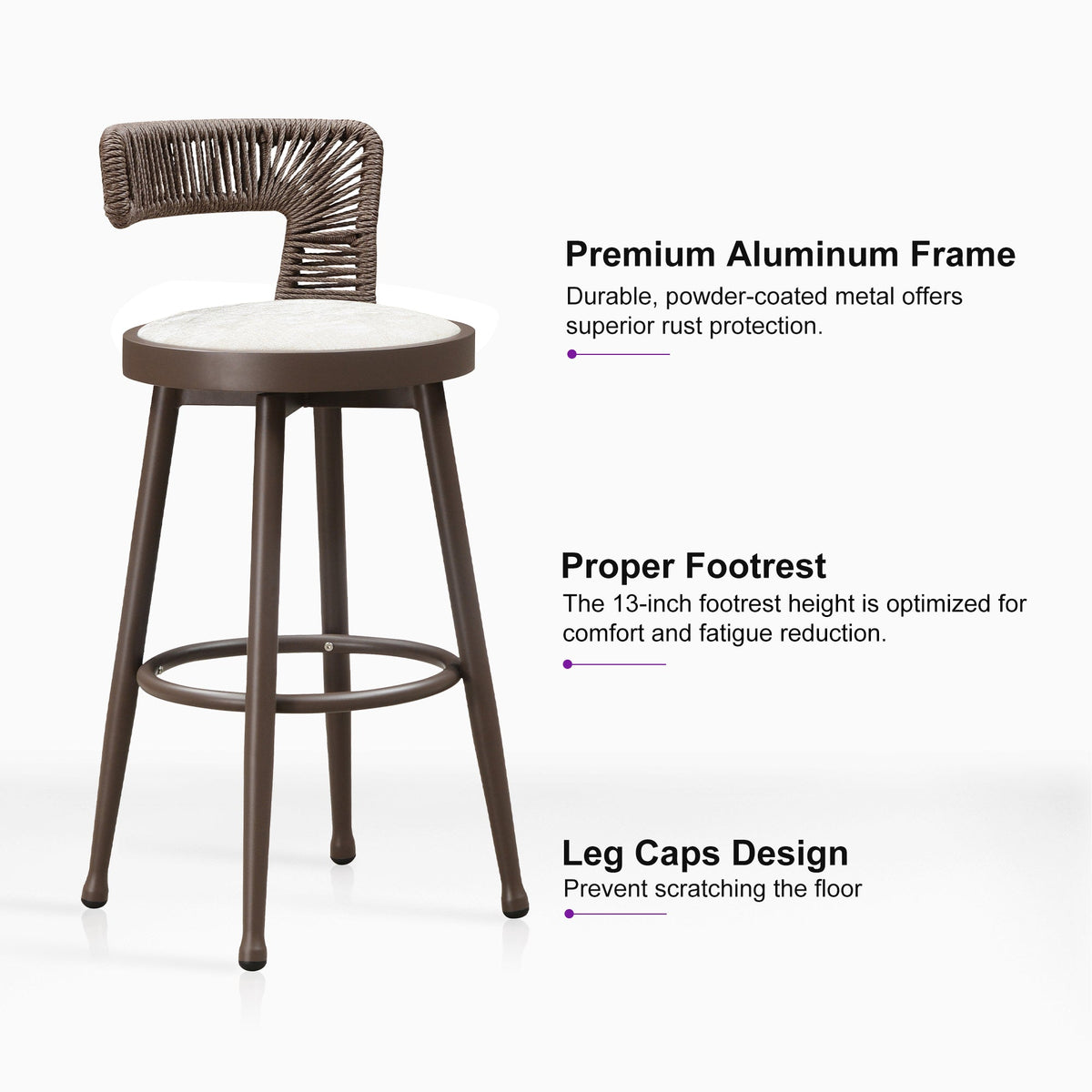 PURPLE LEAF Outdoor Swivel Bar Stools Set of 2 Metal Modern Rattan Bar Chairs with Backrest Aluminum Woven Barstools with Cushions