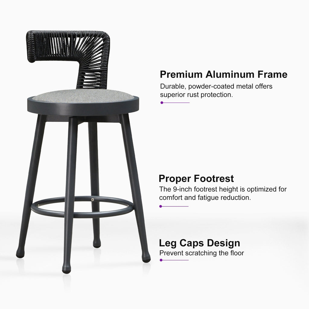 PURPLE LEAF Outdoor Swivel Bar Stools Set of 2 Metal Modern Rattan Bar Chairs with Backrest Aluminum Woven Barstools with Cushions