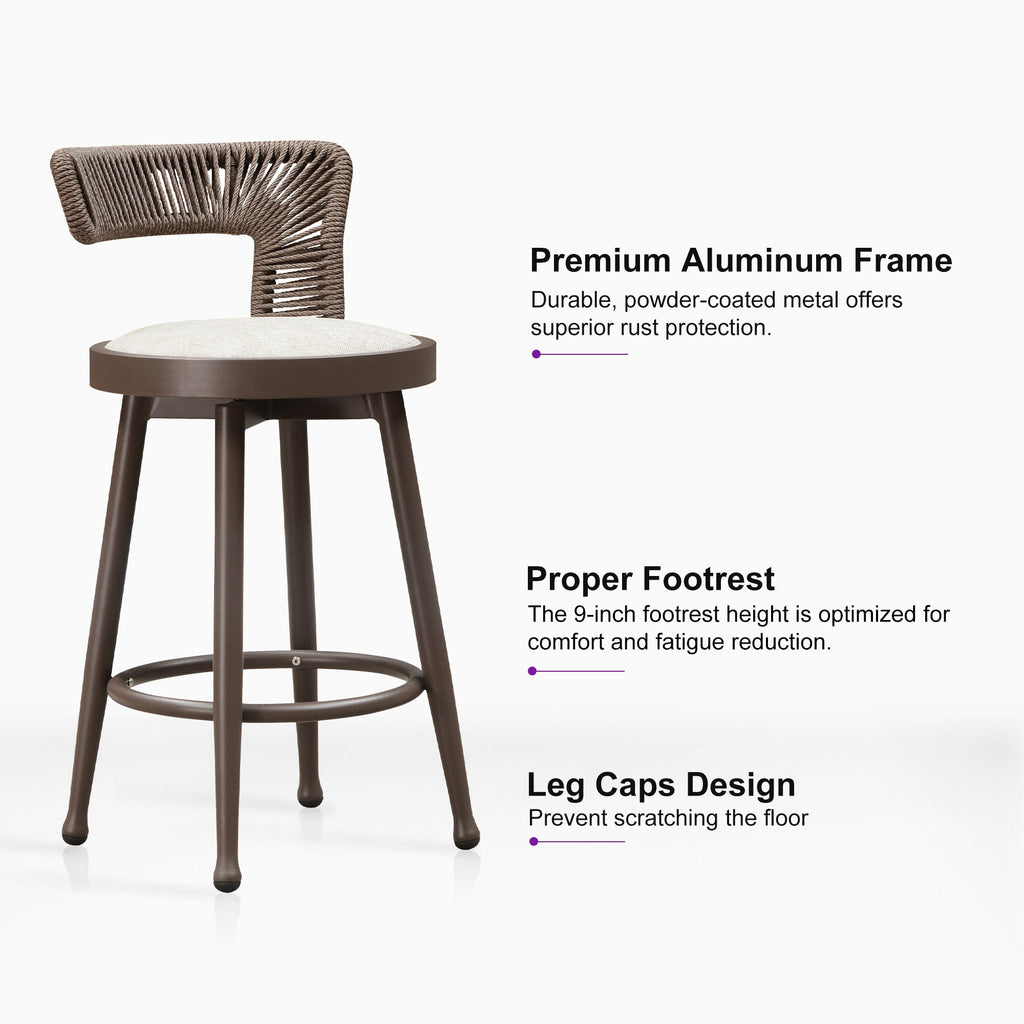 PURPLE LEAF Outdoor Swivel Bar Stools Set of 2 Metal Modern Rattan Bar Chairs with Backrest Aluminum Woven Barstools with Cushions