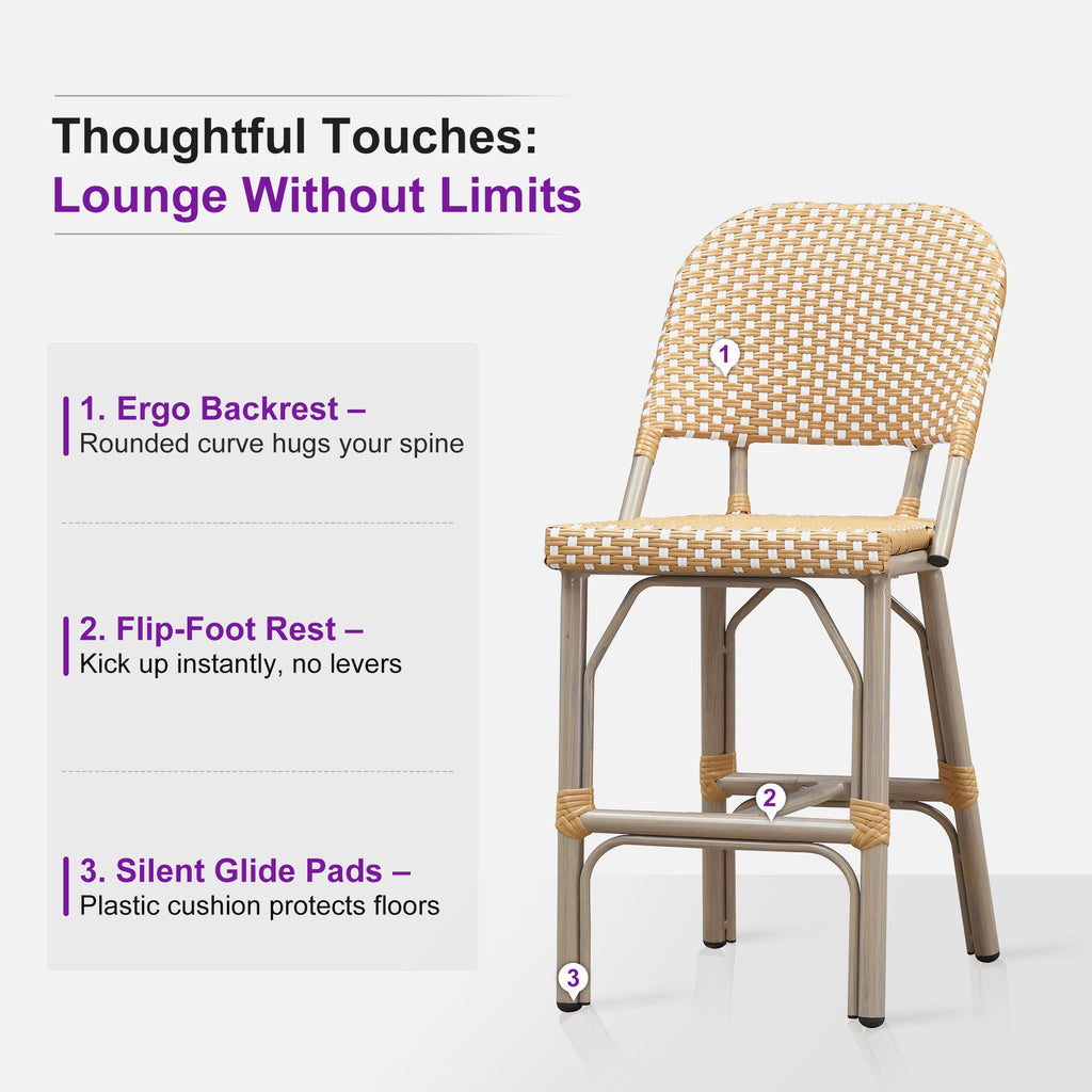 PURPLE LEAF Outdoor Bar Height Stools Set of 2 French Country Patio Rattan Bar Stool Chairs Outdoor Armless Barstools for Porch Garden Indoor Kitchen