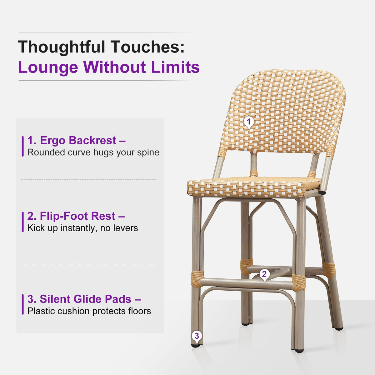 PURPLE LEAF Outdoor Bar Height Stools Set of 2 French Country Patio Rattan Bar Stool Chairs Outdoor Armless Barstools for Porch Garden Indoor Kitchen