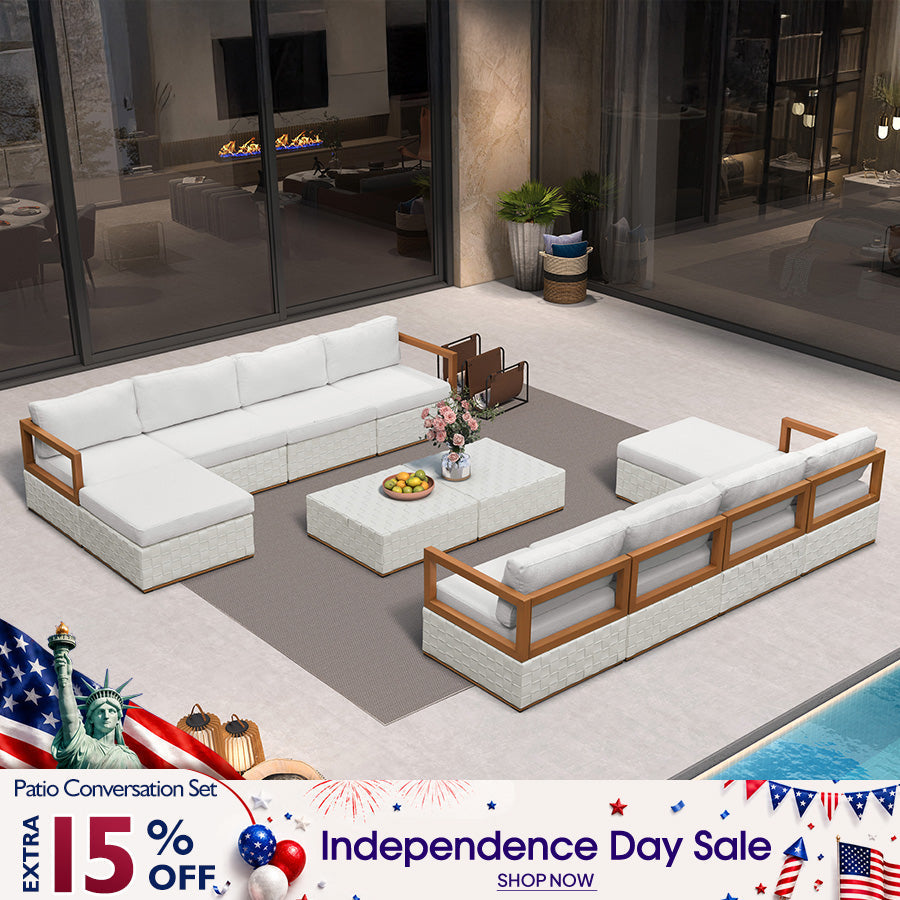 PURPLE LEAF Griffin Symmetrical Patio Conversation Set White with Cushion Pillows Ottoman and Premium Leather for Luxury Outdoor Living