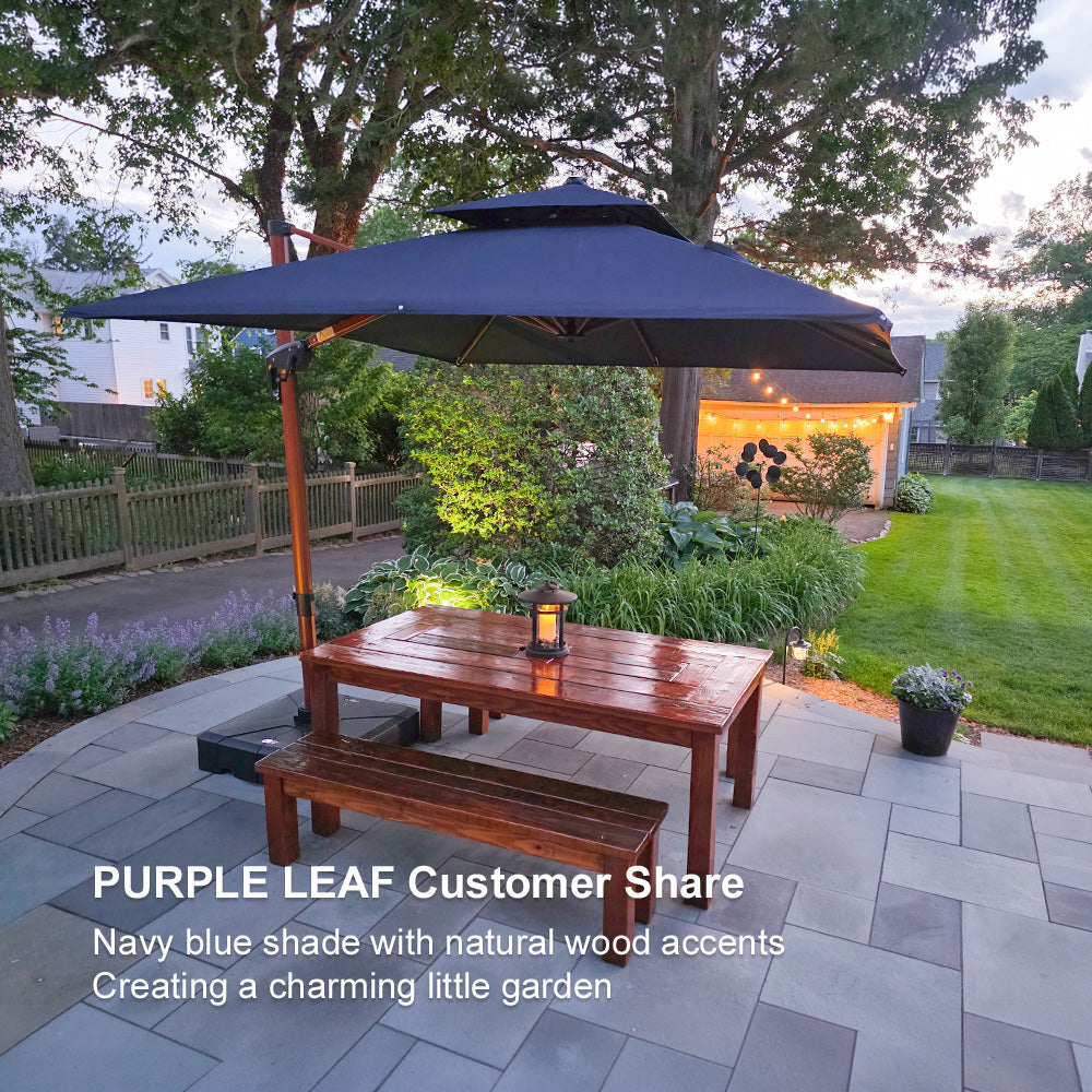 PURPLE LEAF Outdoor Garden Umbrella with Base, Cantilever Umbrellas in Wood Color
