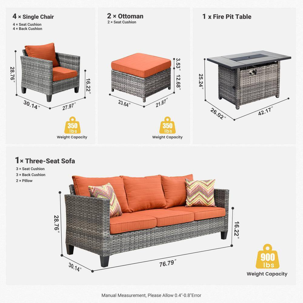 Milan Gray 8-Piece Wicker Outdoor Patio Rectangular Fire Pit Seating Sofa Set and with Orange Red Cushions