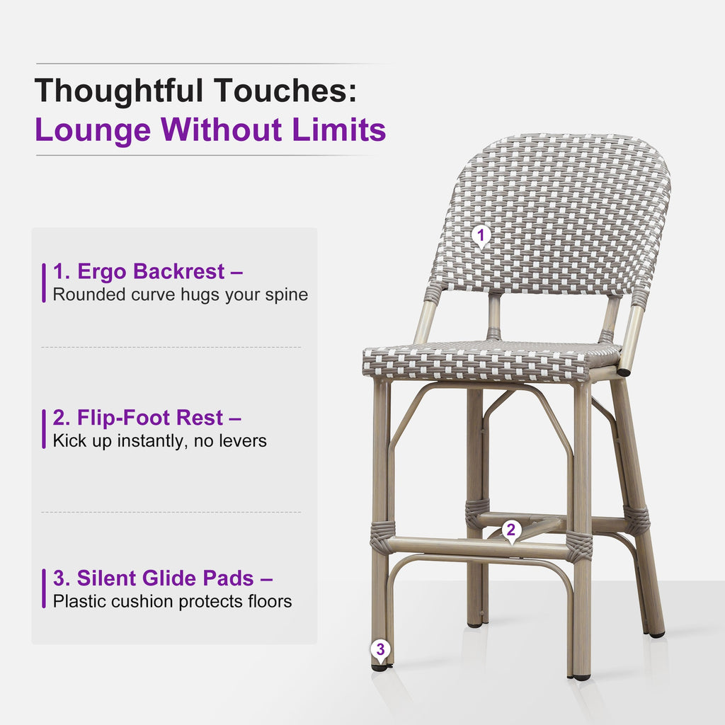 PURPLE LEAF Outdoor Bar Height Stools Set of 2 French Country Patio Rattan Bar Stool Chairs Outdoor Armless Barstools for Porch Garden Indoor Kitchen