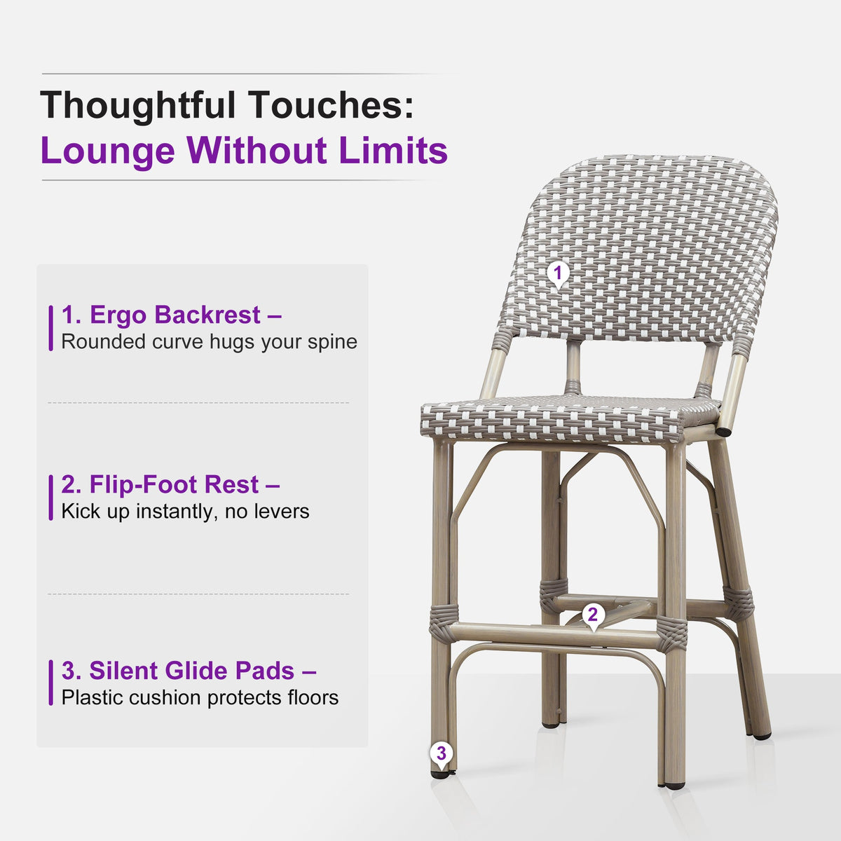 PURPLE LEAF Outdoor Bar Height Stools Set of 2 French Country Patio Rattan Bar Stool Chairs Outdoor Armless Barstools for Porch Garden Indoor Kitchen